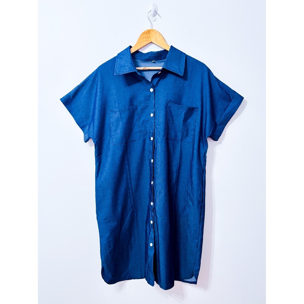 Blue Chambray Look Button Front Shirt Dress Chest Pockets X-Large